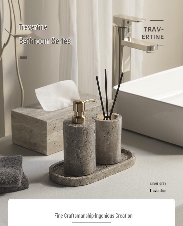 Set da Bagno Travertino Grigio Argento Wabi-Sabi: Vassoio e Decorazione per Lavabo.