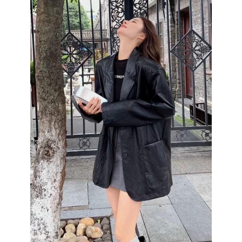 Women Black Vintage PU Leather Blazer Spring Autumn Retro Stylish Elegant Oversized Jacket