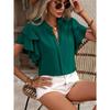 Blusa Feminina de Moda com Babados em Camadas Duplas Decote V Manga Curta Verão Office Lady Festa Camiseta
