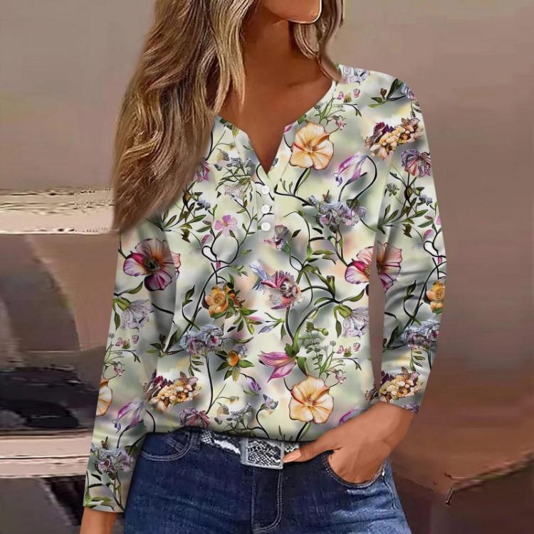 Damen T-Shirt mit Blumenmuster V-Ausschnitt Langarm Reguläres Oberteil Basic T-Shirt Alltags-Wochenend-Mode Knopf