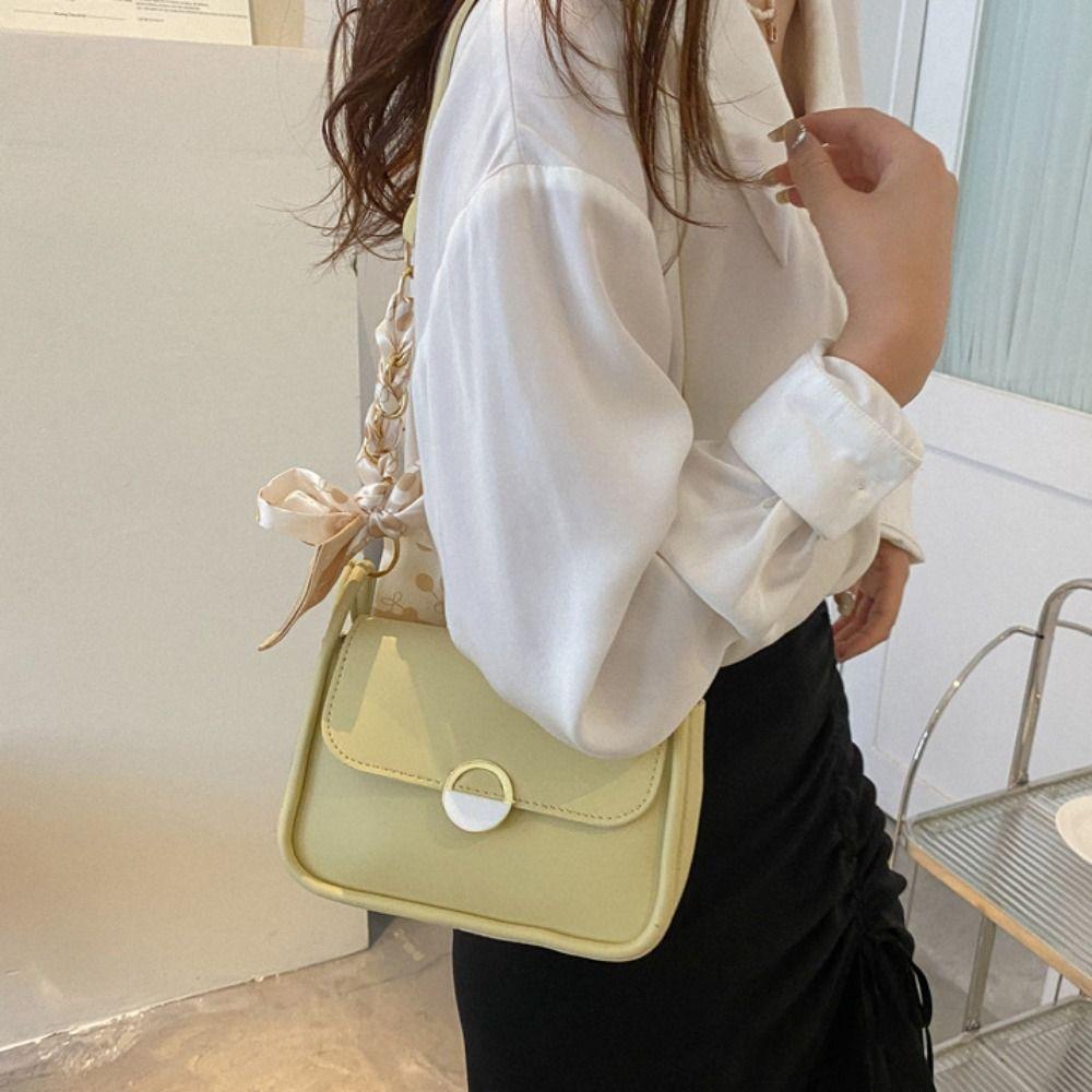 with Ribbon PU Leather Shoulder Bag Korean Style Chain Crossbody Bag Small Square Bag Autumn