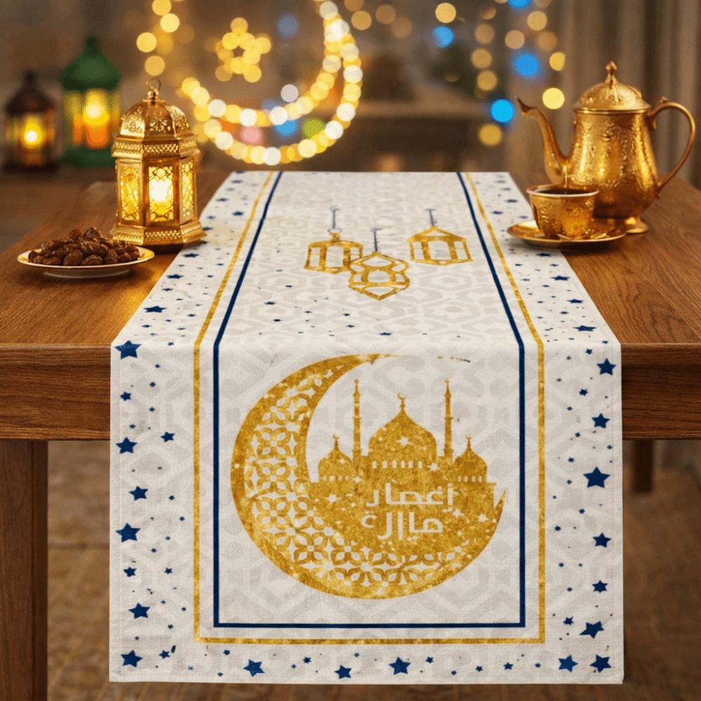 Thickened Ramadan Table Runner Castle Lantern Pattern Decorative Star Moon Tablecloth Vintage Table Cover Home Decoration