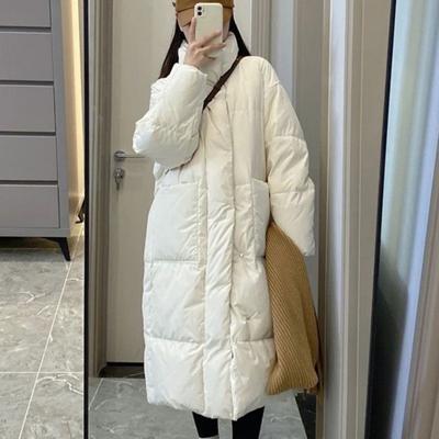 Winter Down Coat Thickened Padded Stand Collar Neck Protection Knee Length Pockets Zipper Closure Windproof Heat Retention Daily Cold Weather Outwear