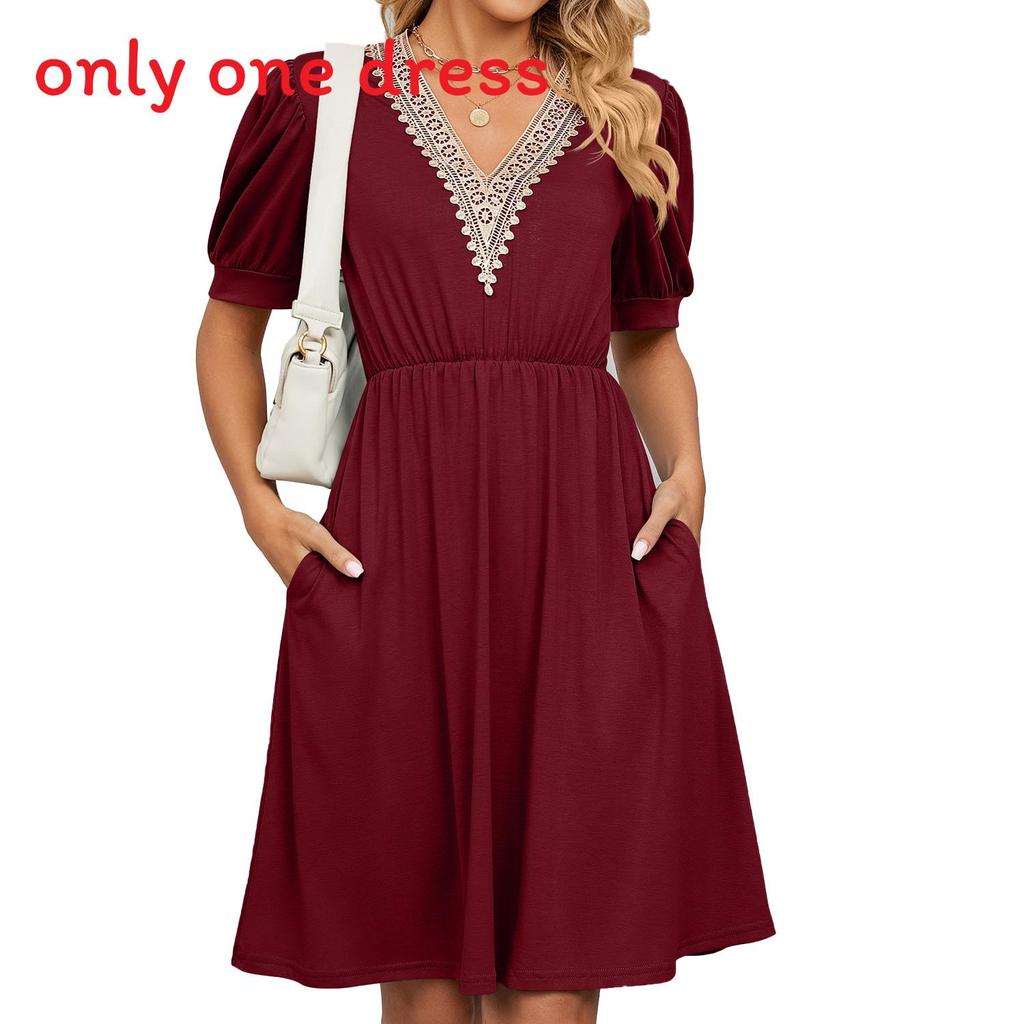 Städtisches Stilkleid mit Taschen und V-Ausschnitt für den Frühling, Freizeitkleidung