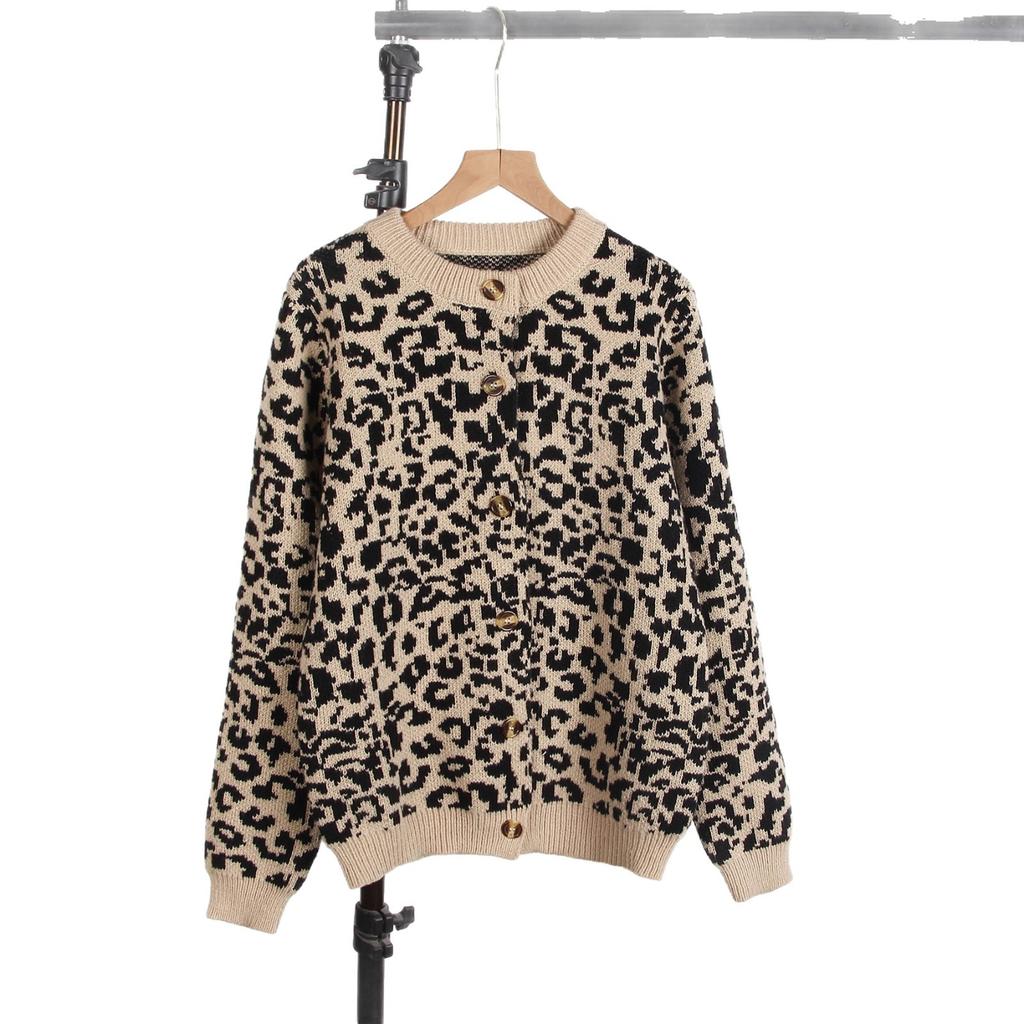 European and American new autumn and winter sweaters women's loose knitted round neck long-sleeved leopard print sweater cardigan jacket
