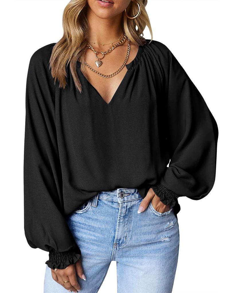 Herbst V-ausschnitt Plissee Blusen Mode Lässig Lose Lange Hülse Frauen Einfache Chiffon Shirts Und Tops Damen Feste Kleidung 28612