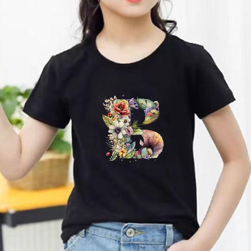 Kids Cotton T Shirt Floral Letter B Print Crew Neck Short Sleeve Tee Casual Boys Girls Summer Tops
