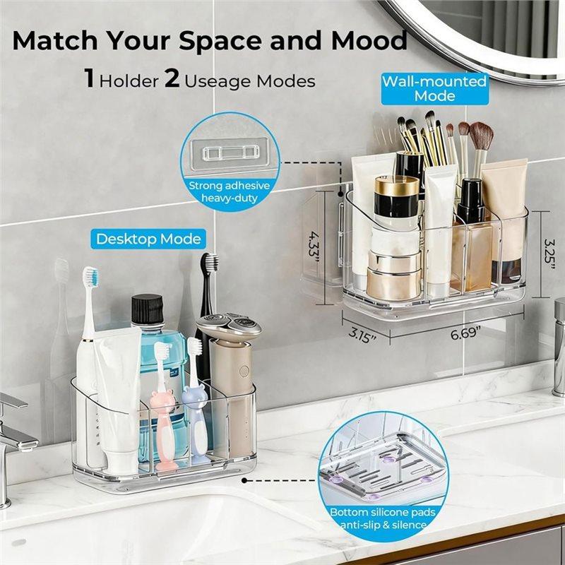 Wall Mounted& Countertop Bathroom Toothbrush Holder With Drainage, Detachable Adjustable Divider, 5 Slots-B61B