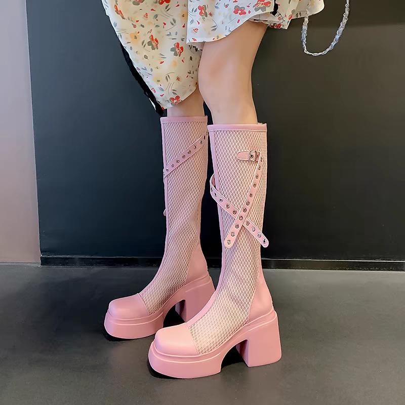 Fashion Cooling Boots Summer Round Toe Niche Studded Heightened Platform Mesh Breathable Zipper Block Heel Thigh Boots