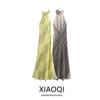Fashion Style 2024 Amoi Women's Hanging Collar Silk Satin Texture Stripes Mid Length Long Length Dress 3142009 064
