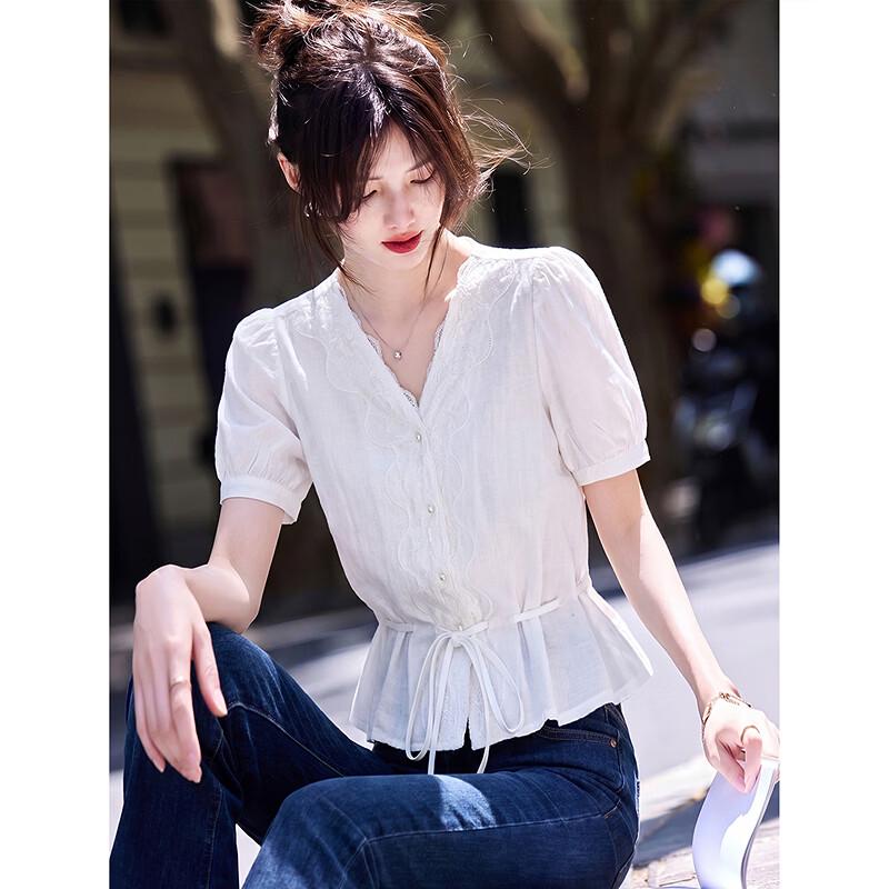 French Lace V-neck Puff Sleeve Shirt S