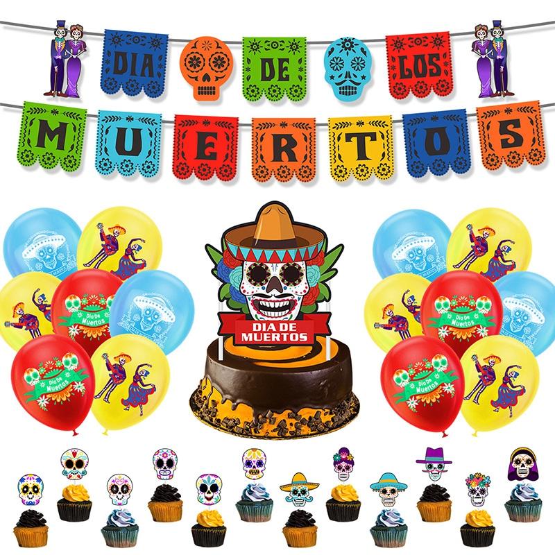 Mexican Day Of The Dead Party Decoration Pull Flag Banner Skull Head Banner Flag Cake Topper Halloween Wall Decoration