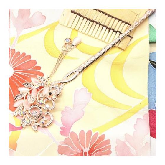 Miau Miau Haarnadel Kanzashi für Japanischen Kimono, Tomesode, Yukata - Metall Pfau mit Kristall, Roségold, Beige Haaraccessoire
