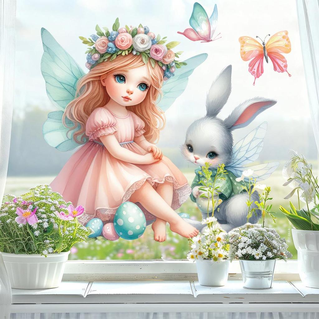 Easter Cartoon Angel & Rabbit Window Clings - Decorative Glass Stickers for Living Room & Shops