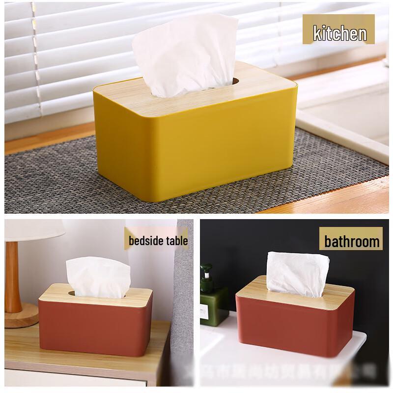 Desktop Tissue Box with Wooden Lid Organizer