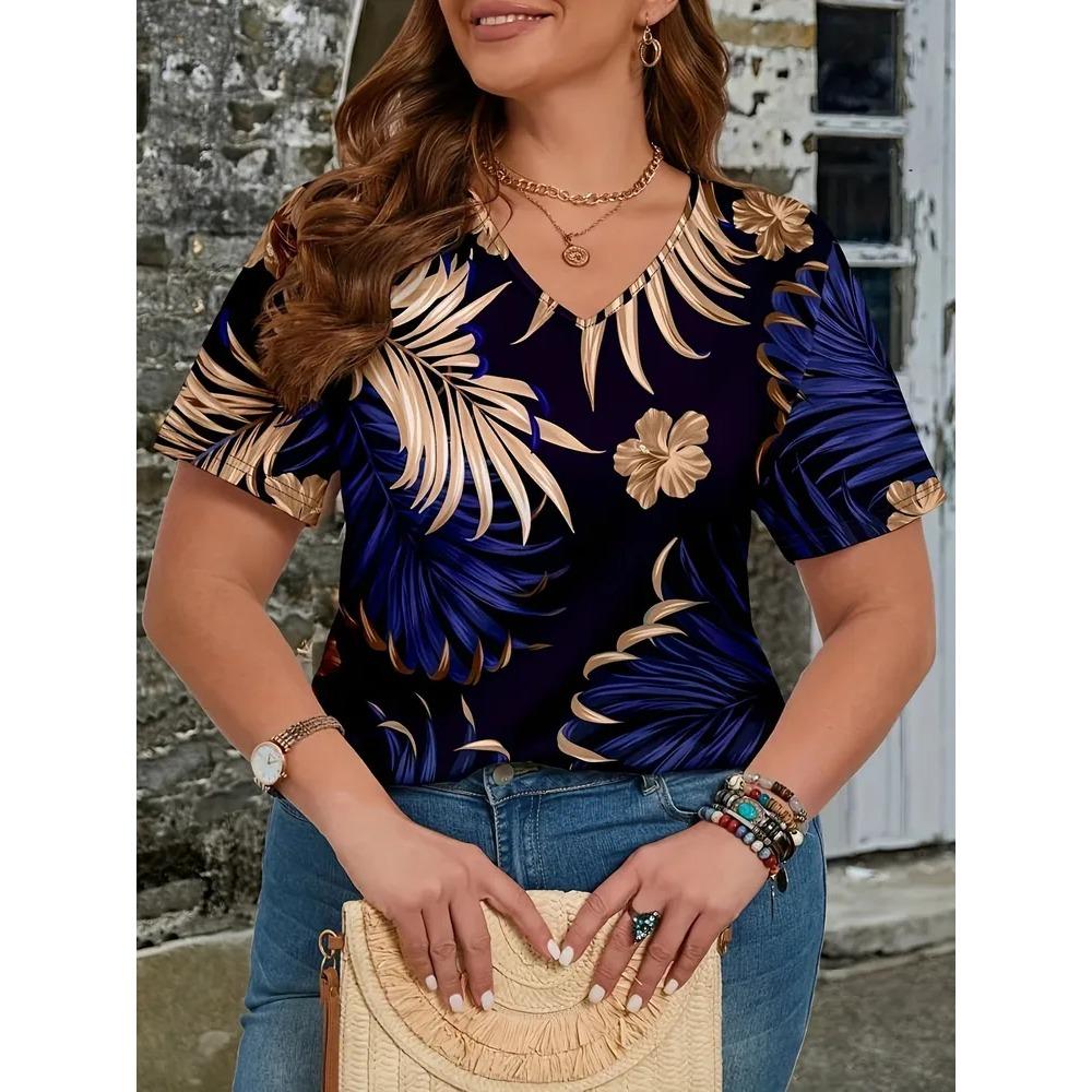 Summer V-neck Flower Pattern 3D Printed Top Fashionable Casual Short Sleeved Plus Size Women's T-shirts