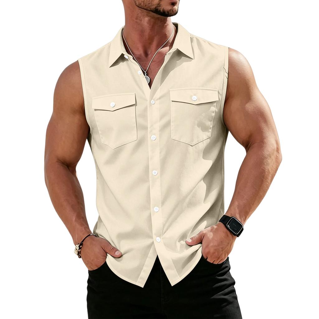 Men's Workwear Lapel Button-Down Vest Shirt - Lightweight Sleeveless Top