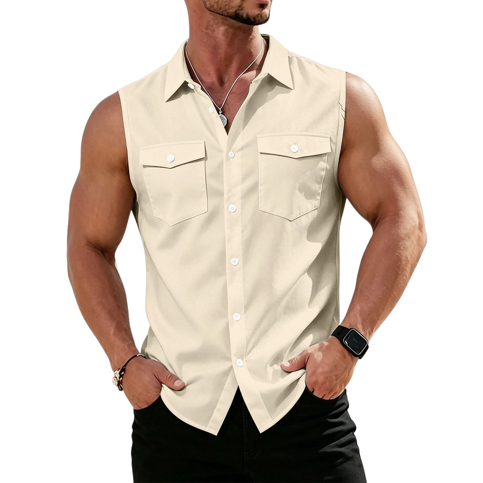Men s Workwear Lapel Button-Down Vest Shirt - Lightweight Sleeveless Top L бежевый