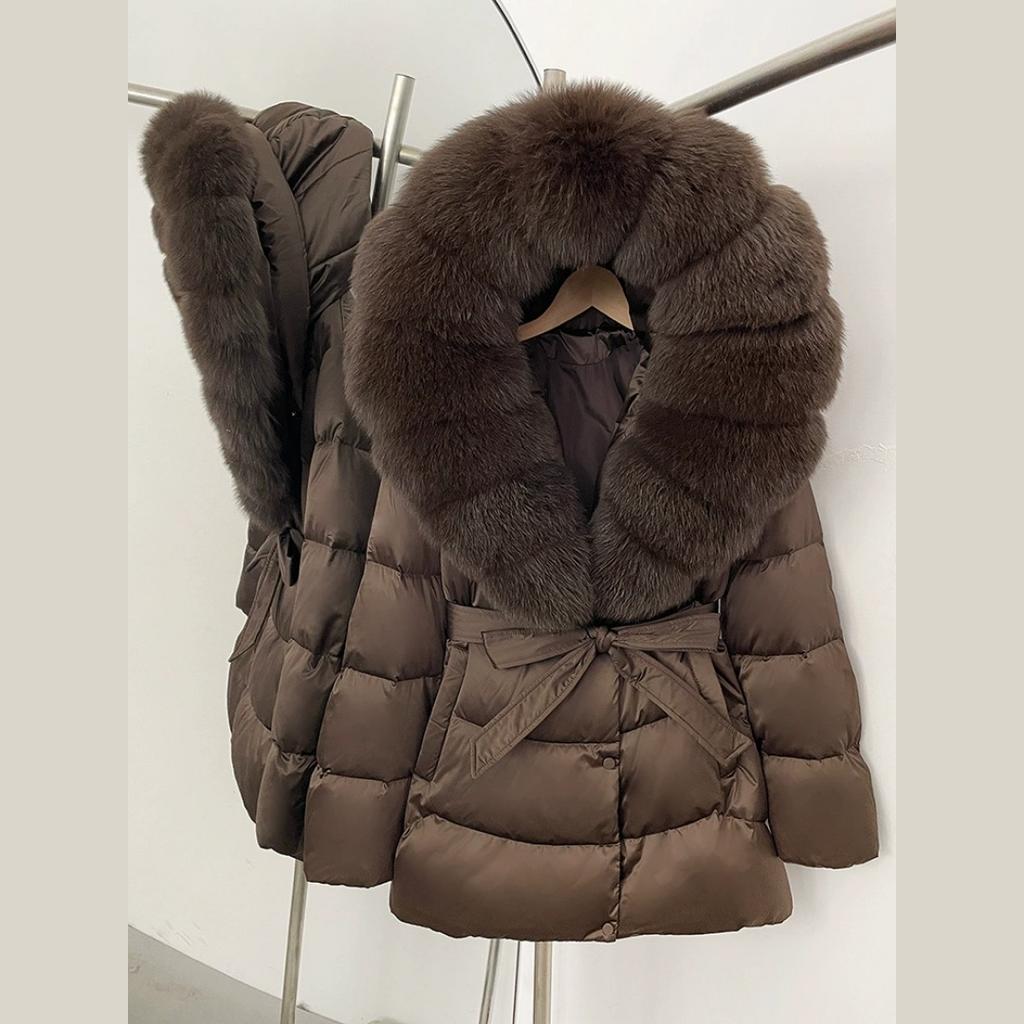 Winter Fox Big Fur Collar High-end Thickened Down Jacket Women's Mid-length Waist Imitation Leather Jacket