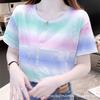 Women Summer Short Sleeve O Neck Gradient Color Letter Printed Fashion Cotton T Shirt Top