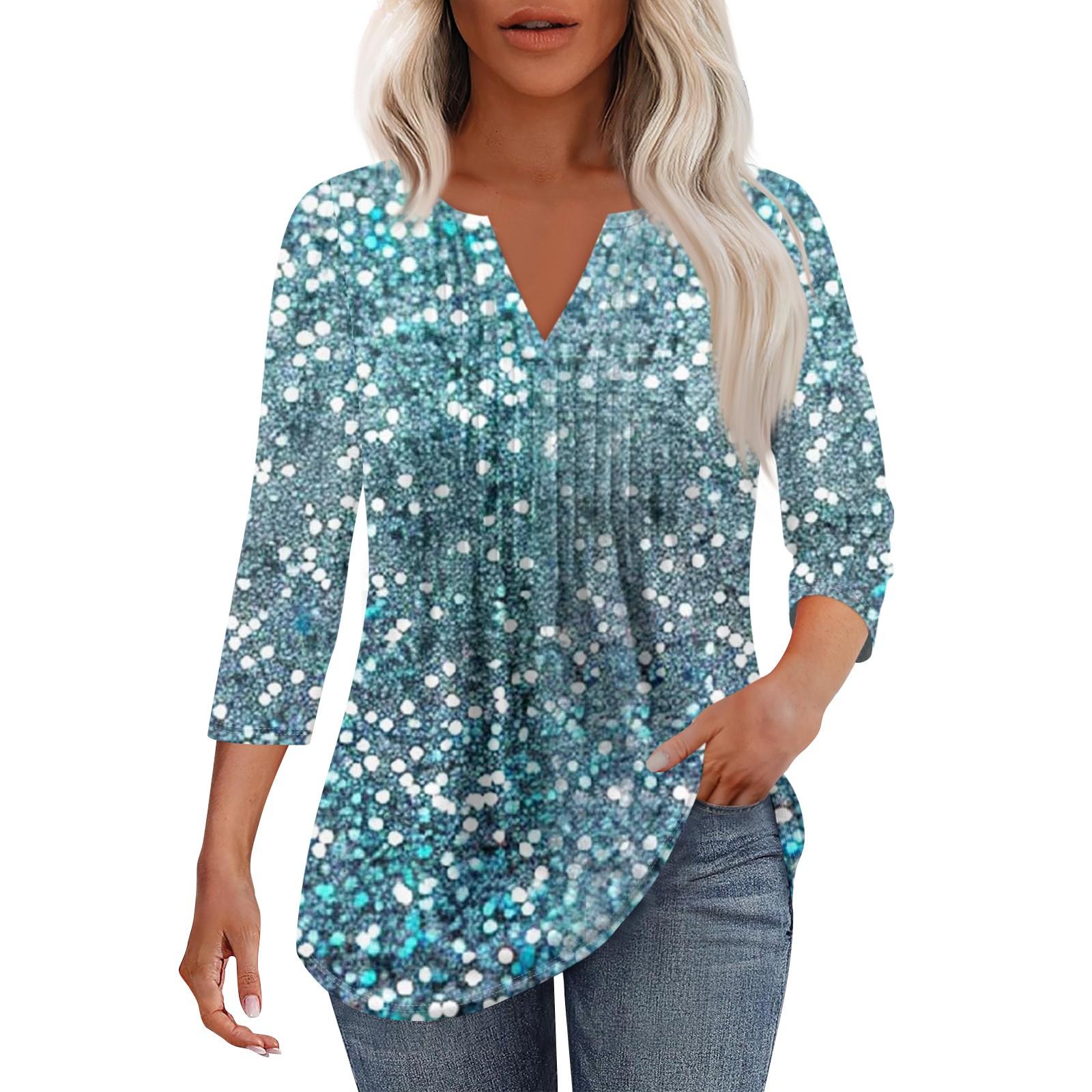 

Жіноча модна повсякденна плісирована однотонна футболка з V-подібним вирізом і рукавами сім чвертей XXXL ціан