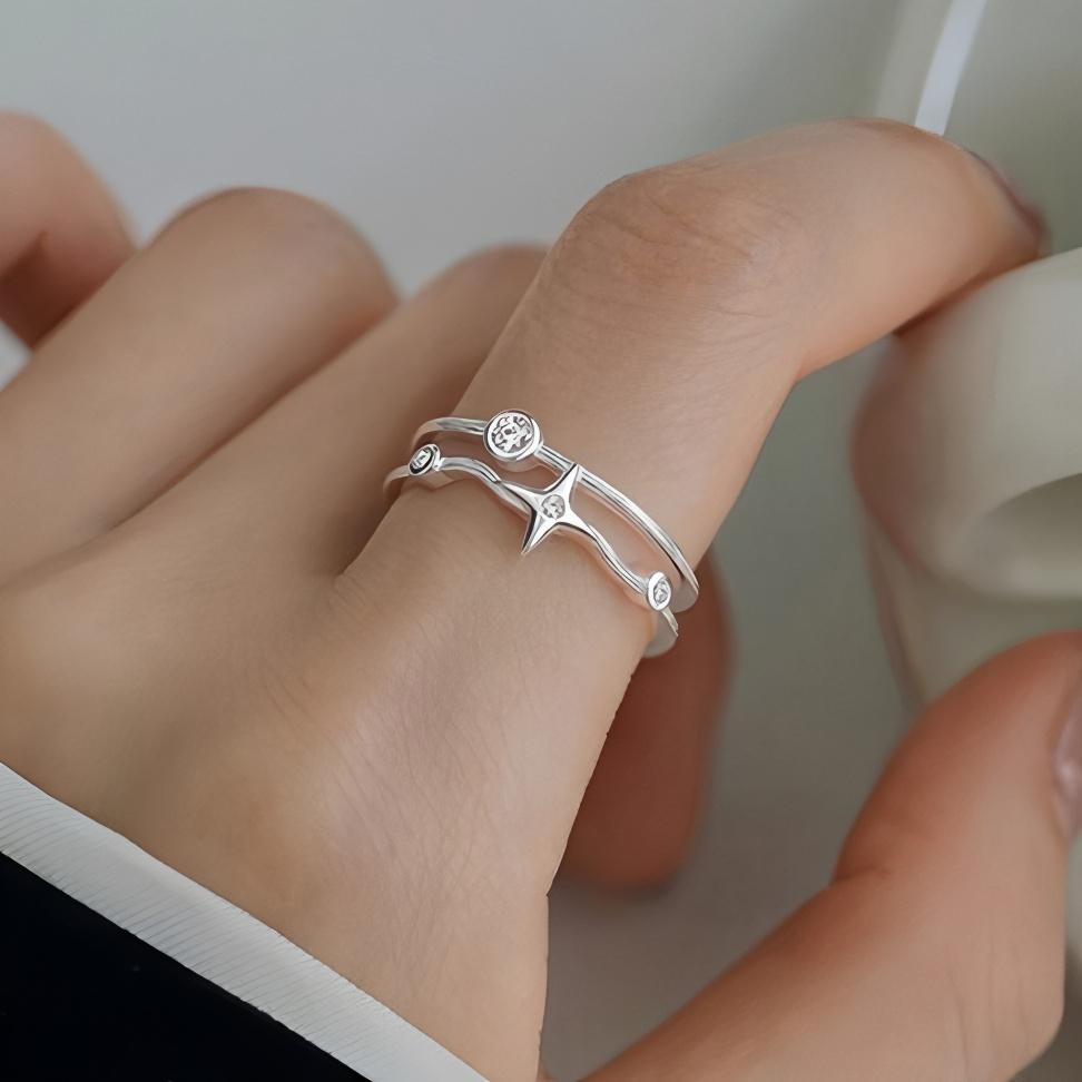 PANJBJ 925 Sterling Silver Four-pointed Star Shining Zircon Ring High-end Personalized Opening Adjustable Jewelry