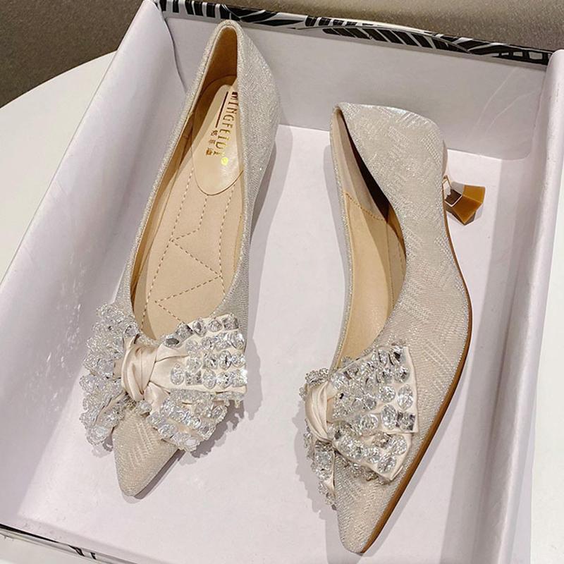 

Fashion crystal rivets bowknot high heels shoes woman pointed toe sequines cloth pumps thin heel tacones de mujer bowknot wedding shoes 35 абрикосовый