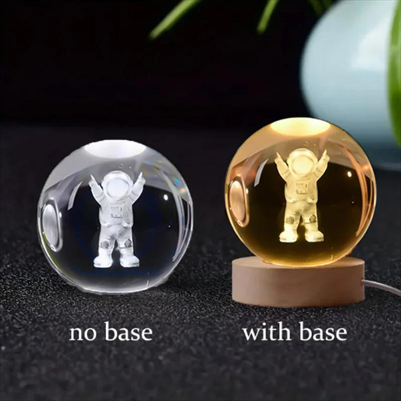 6/8cm 3D Crystal Ball Glass Planet LED Warm Night Light Laser Engraved Solar System Globe Universe Birthday Gift Wooden Base