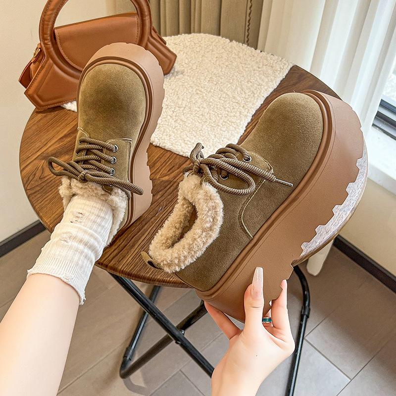 Fashion Fur Platform Women Snow Ankle Boots Suede Mid Heels Cotton Mary Janes Shoes 2025 Trend Lace Up Short Plush Winter Botas De Mujer