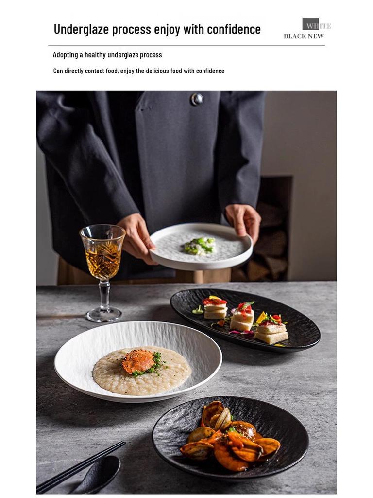 Luxe Keramisch Westers Steak- en Dessertbord met Steenstructuur - Perfect voor Hotels en Huizen