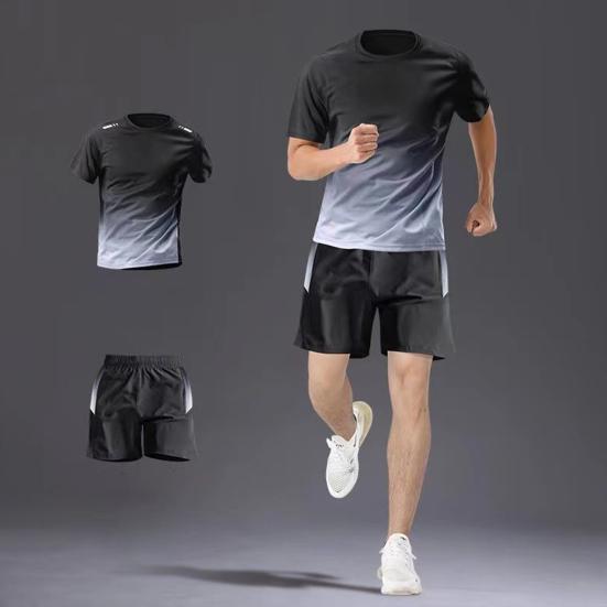 2Pcs/Set Men Summer Sportswear Crew Sleeve T-shirt Elastic Neck Short Waist Wide Leg Shorts Set Quick