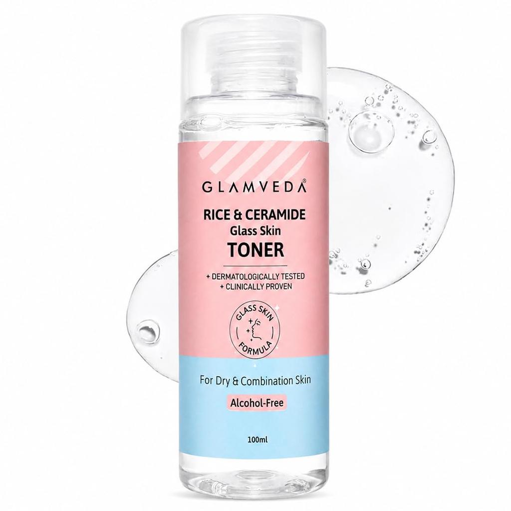 Glamveda Korean Rice & Ceramide Face Toner | Rice Water Toner For Dry & Combination Skin | Pore Tightening & Glowing Skin | Fades Blemishes, Bright