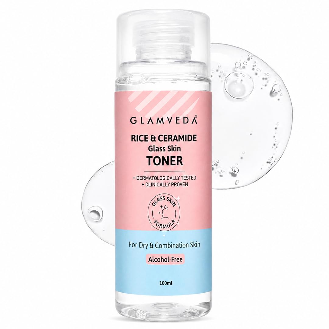 Glamveda Korean Rice & Ceramide Face Toner | Rice Water Toner For Dry & Combination Skin | Pore Tightening & Glowing Skin | Fades Blemishes, Bright