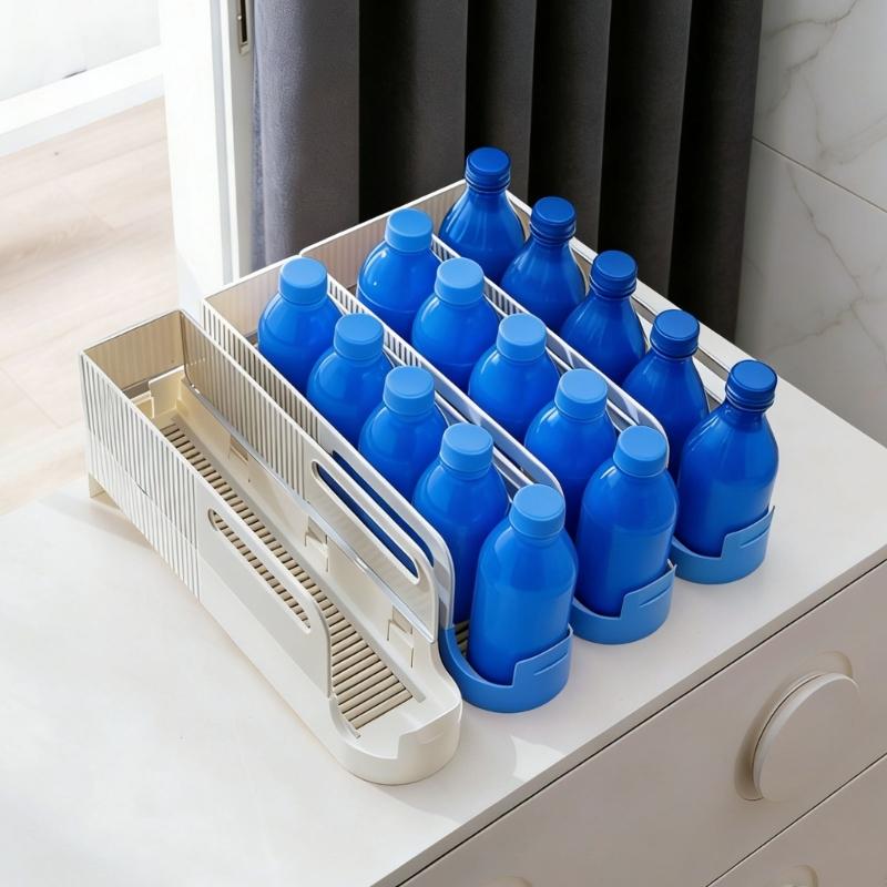 Innovative Drink Bottle Rack Beverages Dispenser For Refrigerator And Countertop Featuring Smooth Slide Out Mechanism