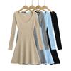 French Deep V-Neck Long-Sleeve Ribbed Dress - Slim Fit with Large Hem, Spring/Autumn 2025