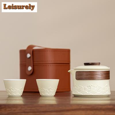 Hochwertiges Meereswellen 1 Kanne 2 Tassen Tee-Sets Verbrühschutz-Kanne Tragbar Reise Zuhause Büro Tassen Keramik Tee Kaffee Behälter Mit Tasche