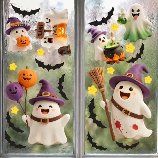 Shop Window Displays 2Pcs Cute Ghost Halloween Static Stickers, PVC Waterproof Cartoon Pumpkin Bat And Holiday Party Supplies Star Glass Decals,