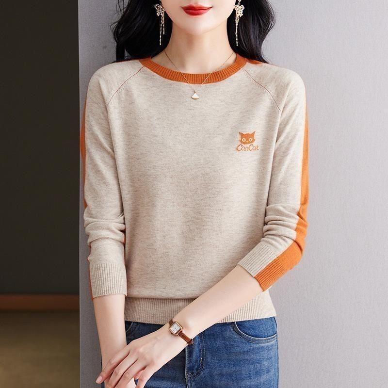 Women's Chic Cartoon Embroidery Cat O-neck Sweaters Autumn New Casual Loose Fashion Knitwear Striped Patchwork  Winter Pullovers
