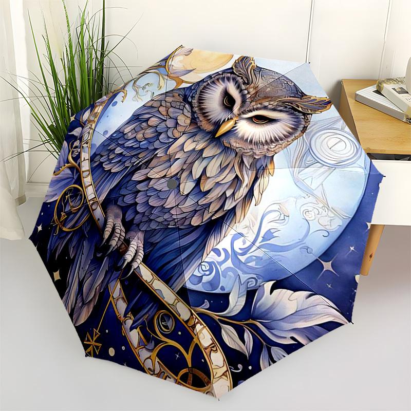1 Stück Sternennacht Eule Automatisches Aufklapp-Regenschirm - 3-fach Design, 8-Speichen Eisenrahmen, Outdoor, Festliches Geschenk für Fans, Reisende, Tägliche Nutzung.SS058