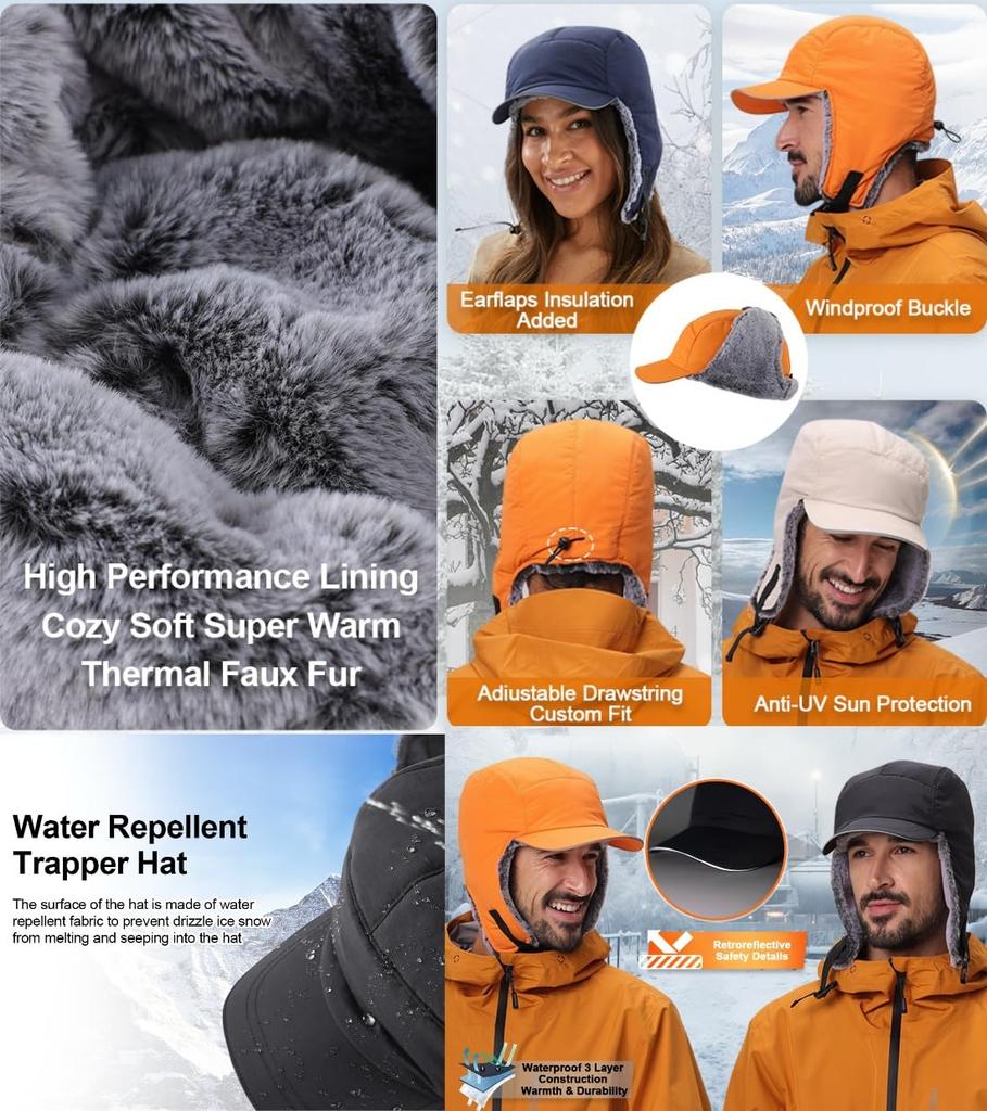 Connectyle and Winter Pilot Cap with Ear Dark Gray Men's Women's Water-Repellent Flaps,