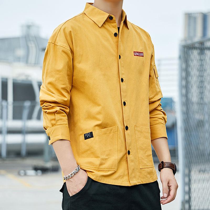 Spring Men's Japanese Trendy Brand Workwear Long-sleeved Washed Cotton Shirts for Teenagers, Students, and Older Children's Men's Clothing