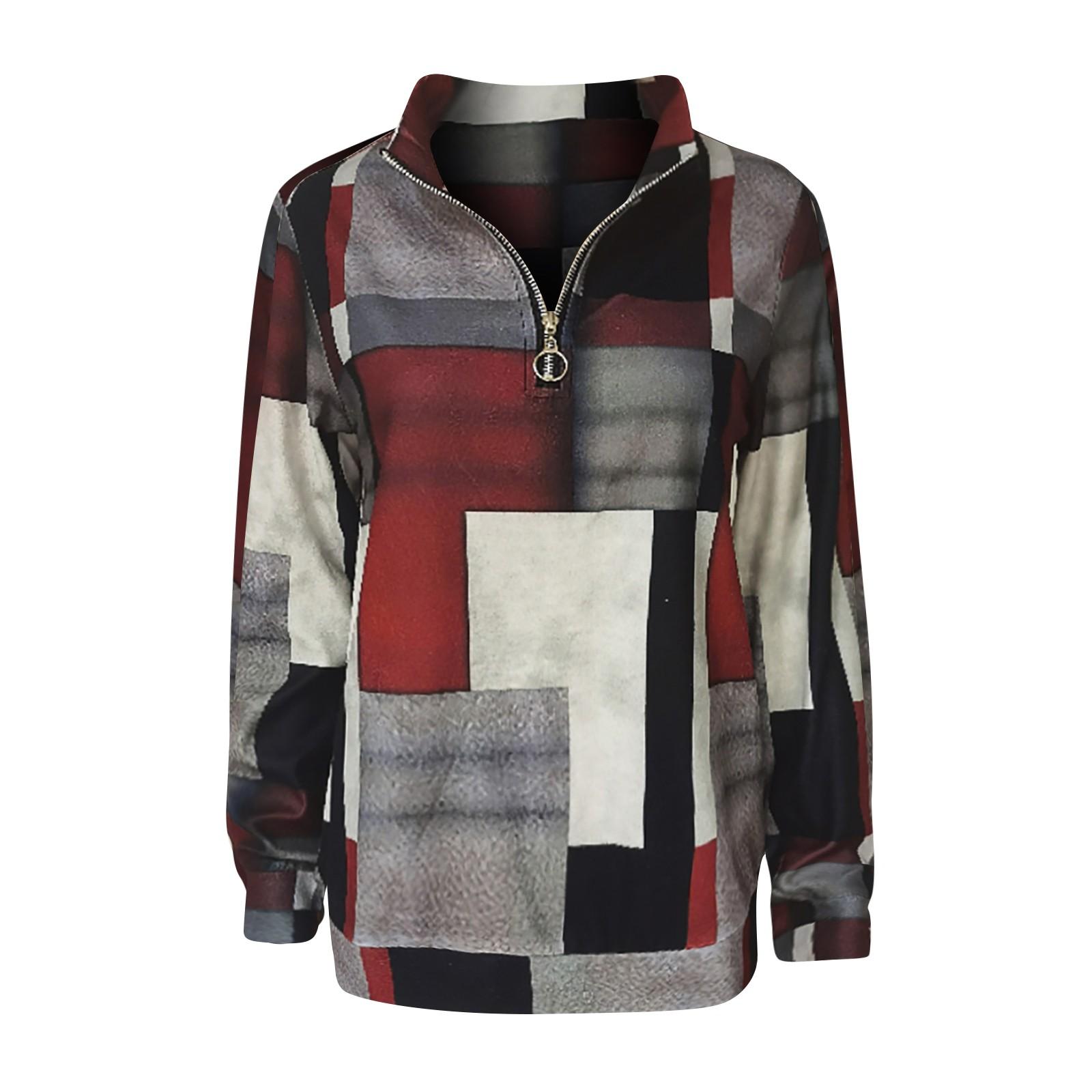 Женский повседневный клетчатый свитер на молнии с длинными рукавами и v-образным вырезом — фото 4