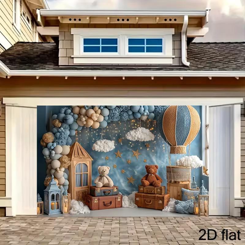 2D Teddy Bear Hot Air Balloon Backdrop for Newborn Photography