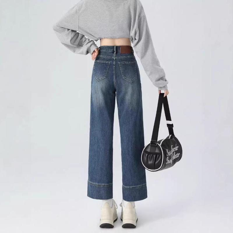 Straight jeans for women, new high-waisted spring and summer denim blue nine-point pipe baguette pants in autumn and winter