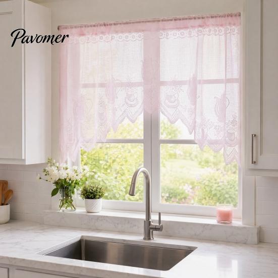 Retro Lace Curtain Half Curtain, Adjustable Lift Structure, Embroidery Floral Sheer Coffee Dustproof Window Screen Door