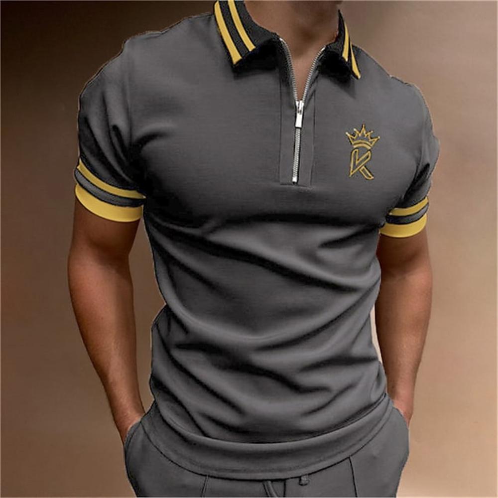 Men's king printed short sleeved polo shirt, high-quality casual zipper T-shirt, summer clothing