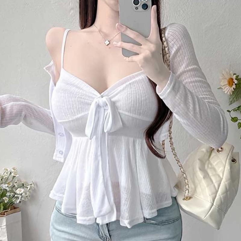 Ensemble deux pièces pour femme Dongdaemun Coréen - Haut à bretelles nœud & Cardigan - Amincissant, Sexy, Désir Pur