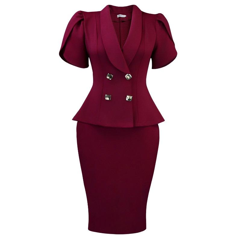 Women Plus Size Turn Down Collar Elegant Casual Two Piece Skirt Suit