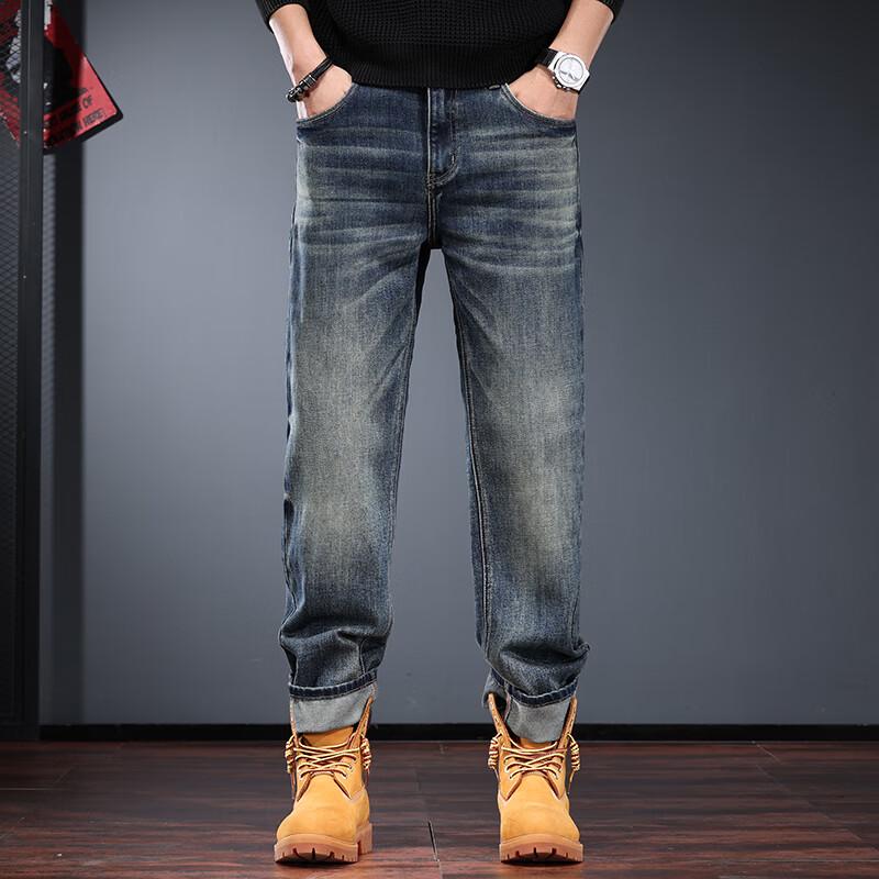 Jie Leinuo Men's Loose Straight-Leg Washed Jeans