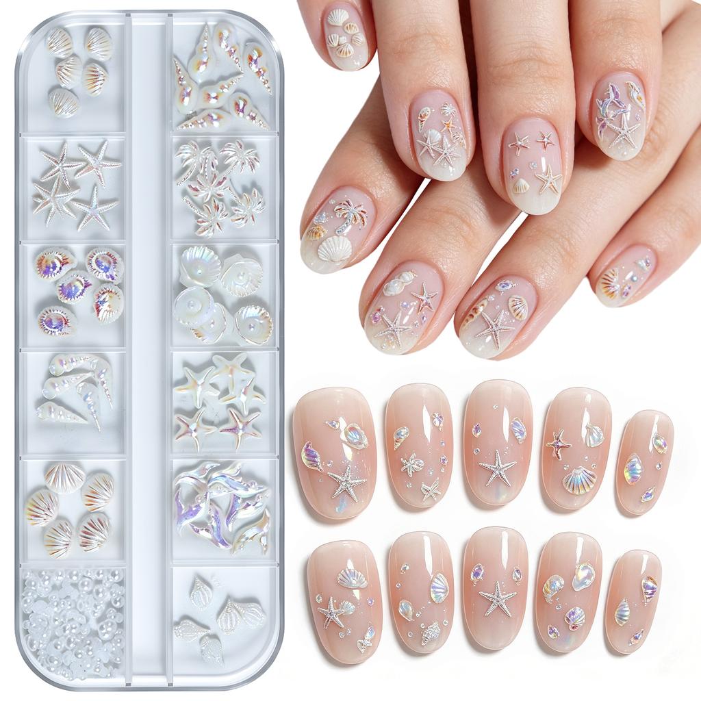 12 Grid Starfish Shell Nail Art Jewelry Set Aurora Conch Coconut Tree Diy Wear Nail Diamond Accessories